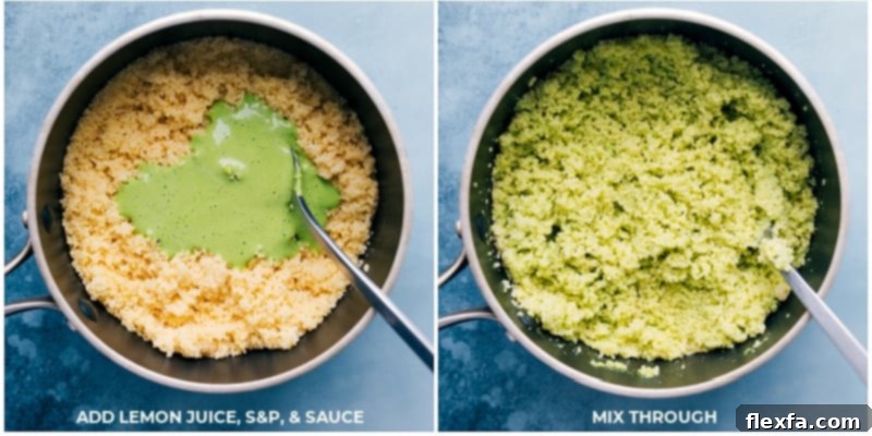 Process shot of the herby lemony couscous mixed with a portion of the lemon-herb sauce, ready to be served as the base for the Kidney Bean Bowls.