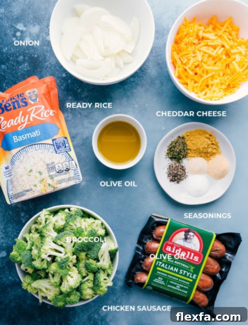 All the fresh ingredients used in this cheesy chicken, broccoli, and rice dish, prepped and ready for assembly.