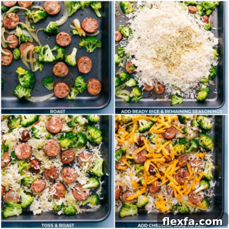 A visual step-by-step of making the dish: vegetables and sausage roasting, then rice being added, and finally a blanket of Cheddar cheese melted on top.