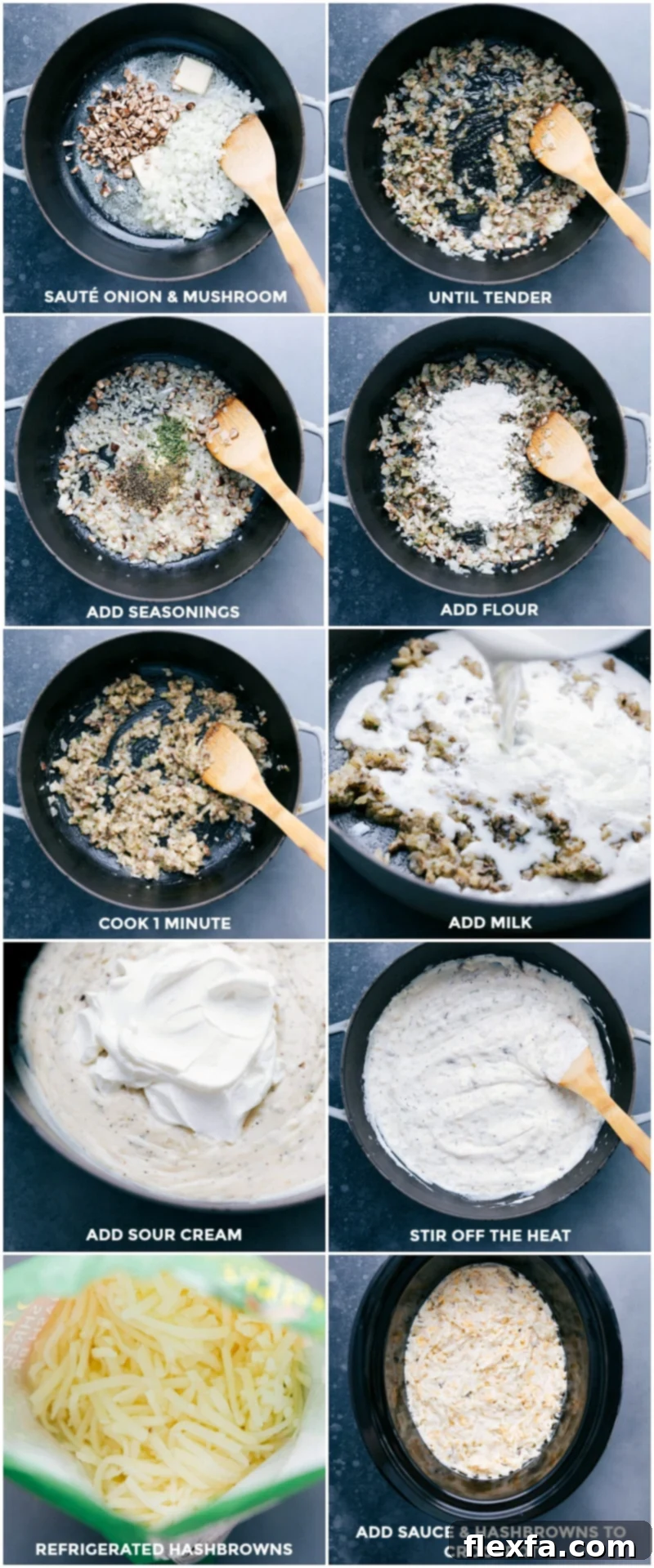 Detailed step-by-step process of preparing the crockpot hashbrown casserole, showing sautéing onions and mushrooms, adding seasonings and flour, stirring in milk and sour cream, and finally combining all ingredients in the slow cooker.