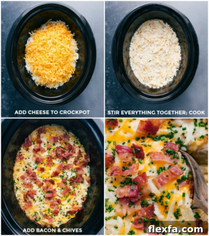 The final stages of preparing Crockpot Hashbrown Casserole: adding generous amounts of cheese to the slow cooker mix, stirring it through, allowing it to cook to perfection, and then garnishing the finished dish with crispy bacon and fresh chives, ready to be served.