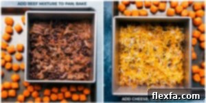 Beef mixture baking with tots and then topped with cheese