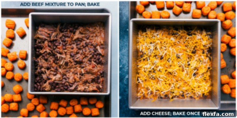 The best ever Deconstructed Beef Totchos: saucy beef, black beans, sweet potato puffs, and all your favorite nacho toppings cooked on one sheet pan with less than 10 ingredients. Recipe via ChelseasMessyApron #dinner #quick #easy #simple #best #30mins #avocado #cheese #tatertots #sweetpotato #deconstructed #beef #totchos Process shots - beef mixture baking with sweet potato puffs, and cheese being added on top