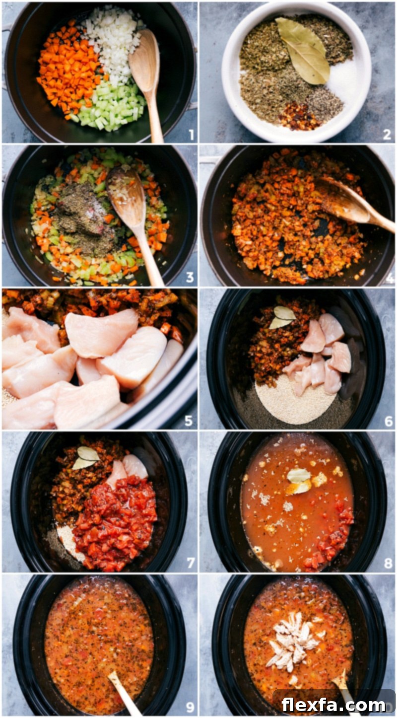Fresh ingredients, including various chopped vegetables, raw chicken pieces, and dry quinoa, are being mixed together in a large crockpot before the slow cooking process begins.
