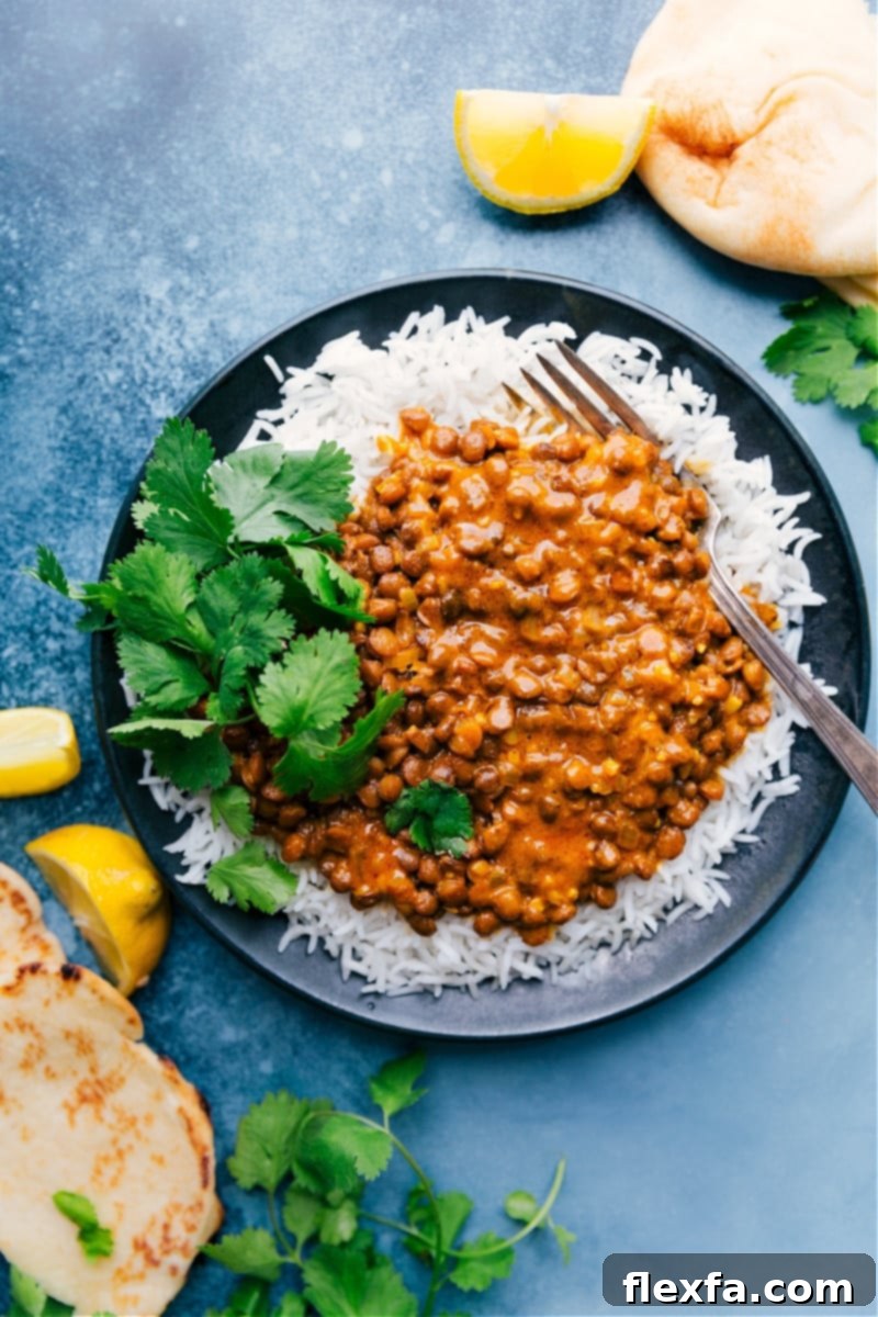 A bowl of creamy Coconut Curry Lentils, garnished with fresh cilantro, ready to be served. The rich orange hues suggest a comforting and flavorful meal.
