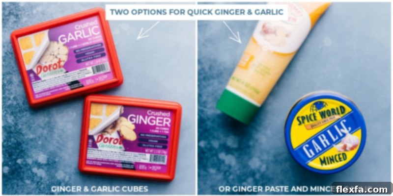 A close-up of prepared ingredients, including jars of minced garlic and ginger, showcasing the convenience and quality of the chosen shortcuts.