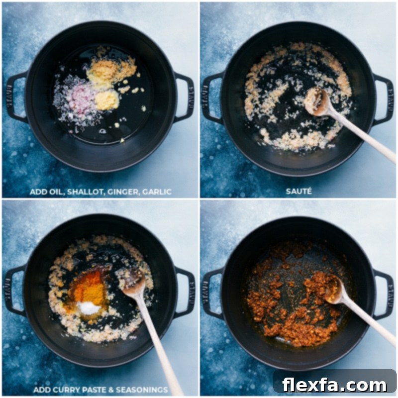 Sequential process images showing shallots, ginger, and garlic sautéing in oil, followed by the addition and cooking of curry paste and other spices in a pot.