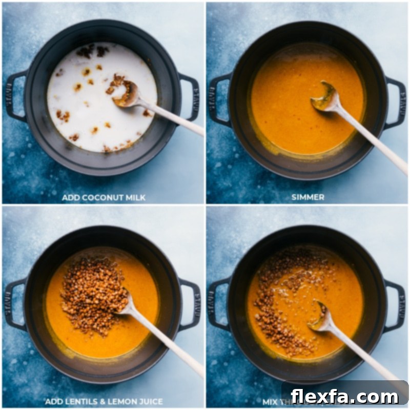 The final steps of making coconut curry lentils: Coconut milk is simmering, and then cooked lentils and fresh lemon juice are stirred in before serving.