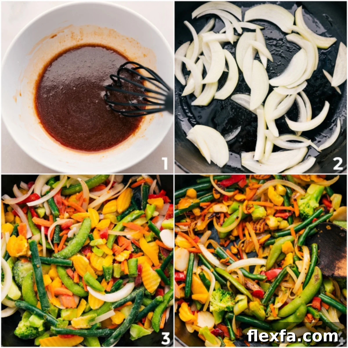 How To Make Rotisserie Chicken Stir Fry The stir-fry sauce being whisked in a bowl, alongside a skillet of sautéed vegetables and chicken, illustrating the ease of making this Rotisserie Chicken Stir-Fry.