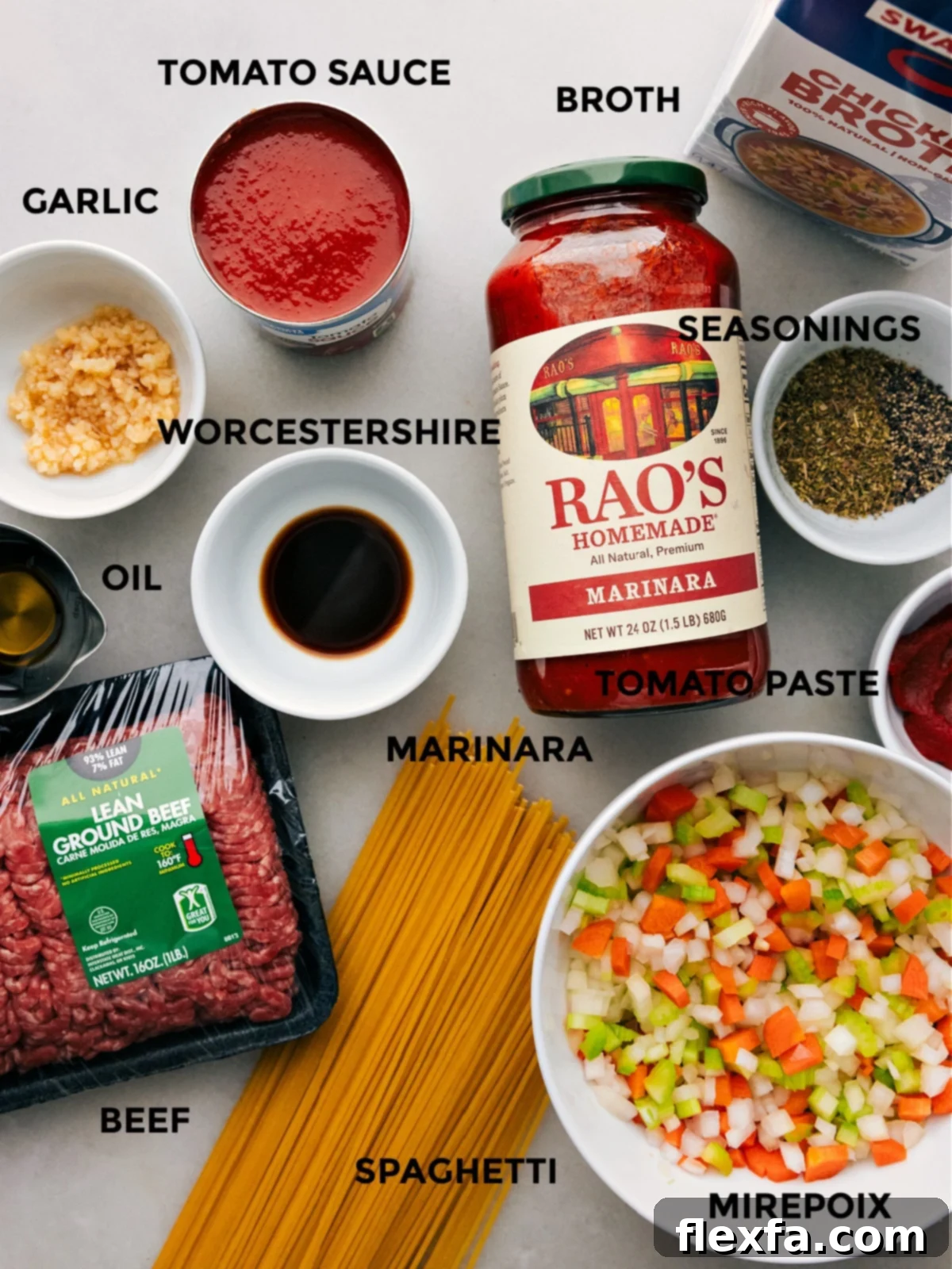 All the ingredients prepped and laid out for easy assembly of one pot spaghetti.