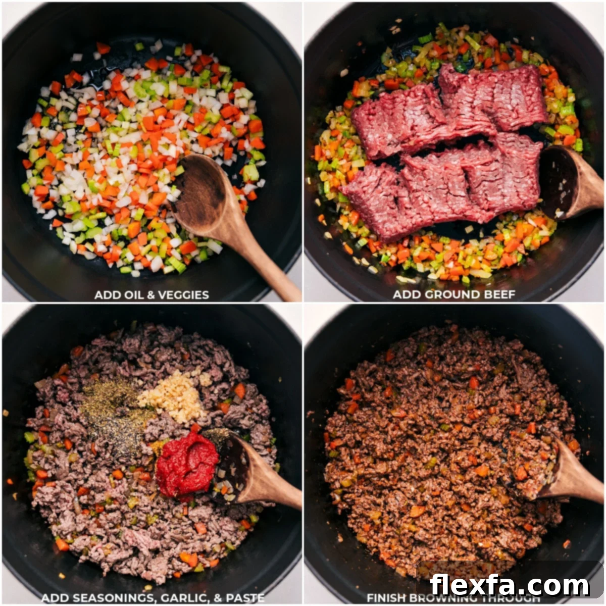 Olive oil, veggies, ground beef, seasonings, garlic, and tomato paste being added to a large pot for this one pot spaghetti recipe.