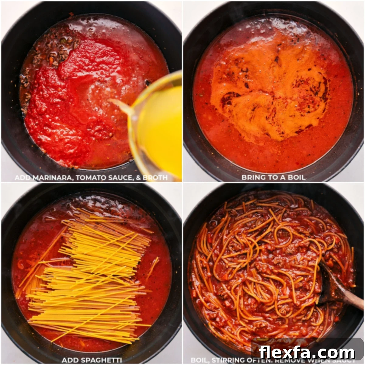 Marinara sauce, tomato sauce, broth, and the spaghetti being added to the pot for this recipe.