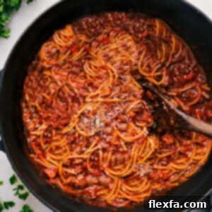 One Pot Spaghetti freshly cooked in the pot.