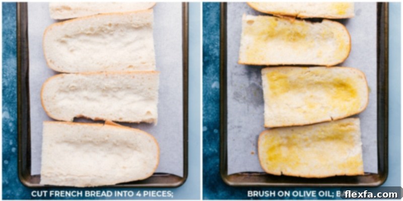 Process shot: French bread cut into four pieces, brushed with olive oil, and ready for its initial bake.