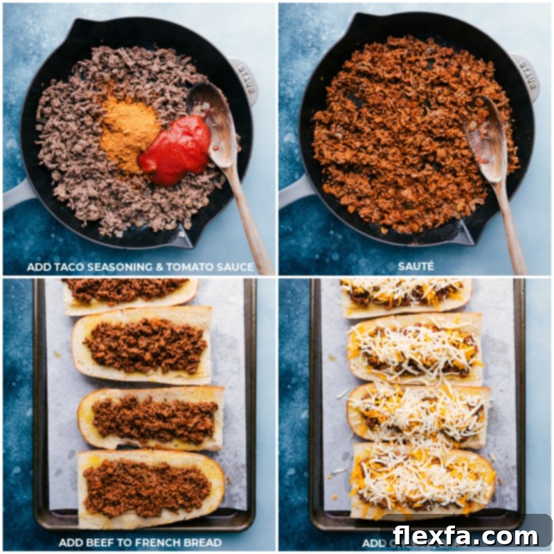 Process shot: Taco-seasoned beef added to toasted French bread, topped with cheese, and ready for final baking.