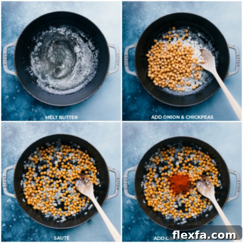 Step-by-step process of cooking Chickpea Beans on Toast, showing butter melting, diced onions and drained chickpeas sautéing, and finally adding paprika and minced garlic to the pan.