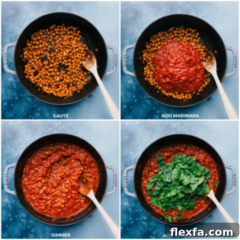 Close-up process shots of cooking: Chickpea beans simmering in marinara sauce, followed by fresh spinach being stirred in until wilted.