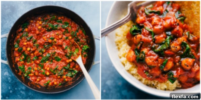 Two serving options for Chickpea Beans on Toast: one in a pan ready to be served, and another plated beautifully on a bed of fluffy couscous with fresh garnishes.