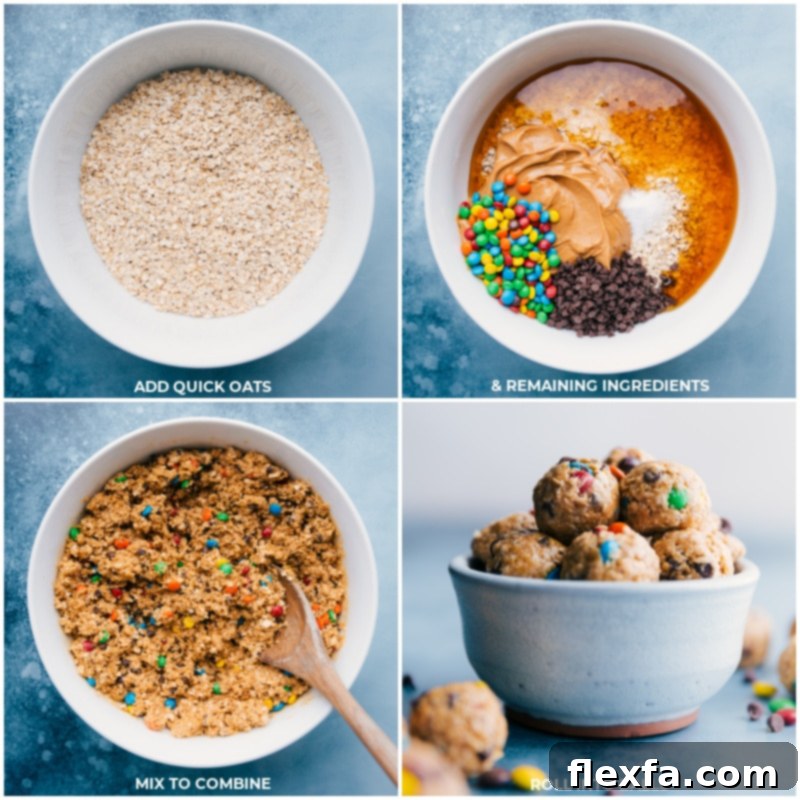 Three process shots showing ingredients being added to a bowl and then rolled into perfect Monster Energy Balls.