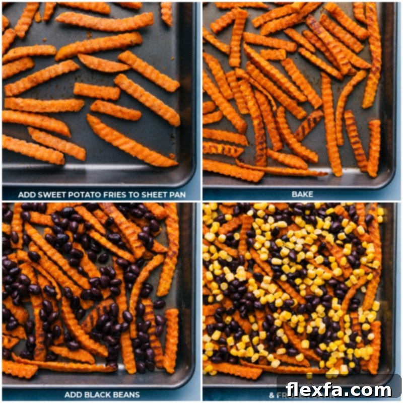 Sweet Potato Nachos start with seasoned and roasted sweet potato fries that get topped with crisp corn, savory black beans, and loads of cheese! Bake the fries, drizzle on the best chili-lime sauce, add your favorite toppings, and devour! Recipe via ChelseasMessyApron #dinner #quick #easy #simple #best #corn #blackbeans #avocado #sweepotato #nacos Step-by-step process of making Sweet Potato Nachos: Roasting fries, then adding black beans, corn, and cheese.