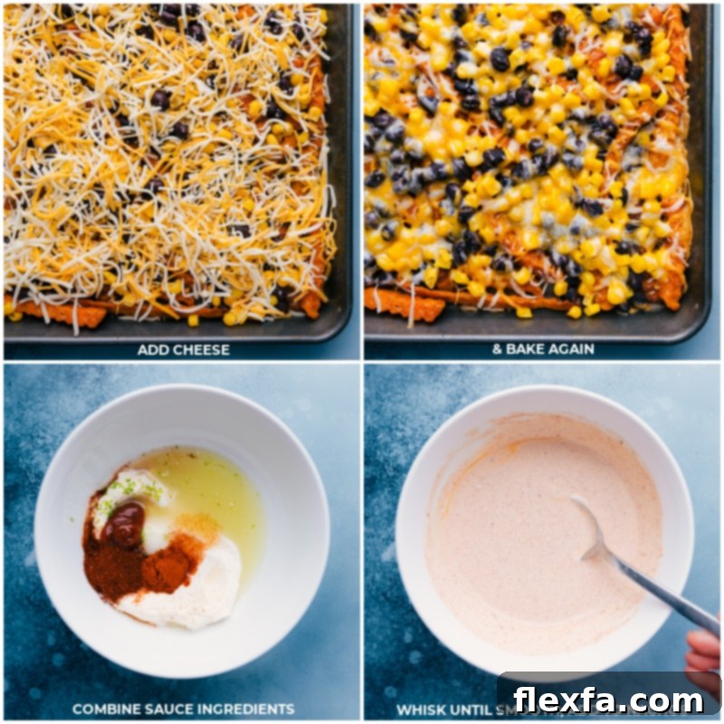 Sweet Potato Nachos start with seasoned and roasted sweet potato fries that get topped with crisp corn, savory black beans, and loads of cheese! Bake the fries, drizzle on the best chili-lime sauce, add your favorite toppings, and devour! Recipe via ChelseasMessyApron #dinner #quick #easy #simple #best #corn #blackbeans #avocado #sweepotato #nacos Final steps of Sweet Potato Nachos: Adding cheese, baking until melted, and preparing the chili-lime sauce.