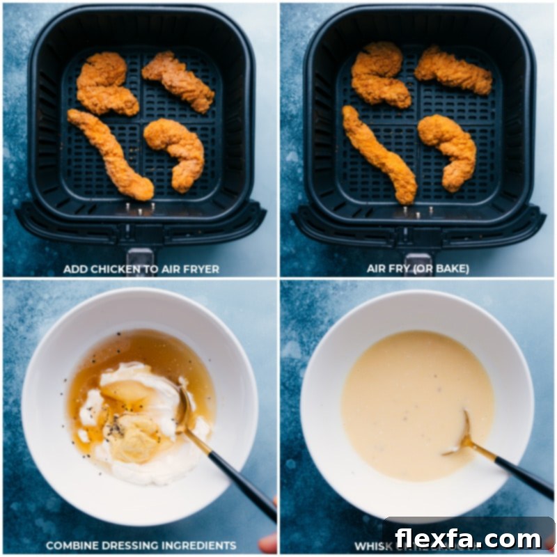 Process shots: cooking chicken tenders in an air fryer, combining dressing ingredients in a bowl, and whisking the dressing until smooth.