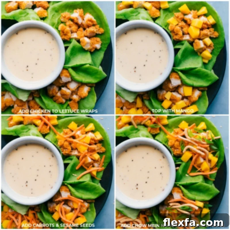 Process shots: Assembling Asian Chicken Lettuce Wraps by adding chicken, mango, carrots, sesame seeds, chow mein noodles, and green onions to lettuce leaves.