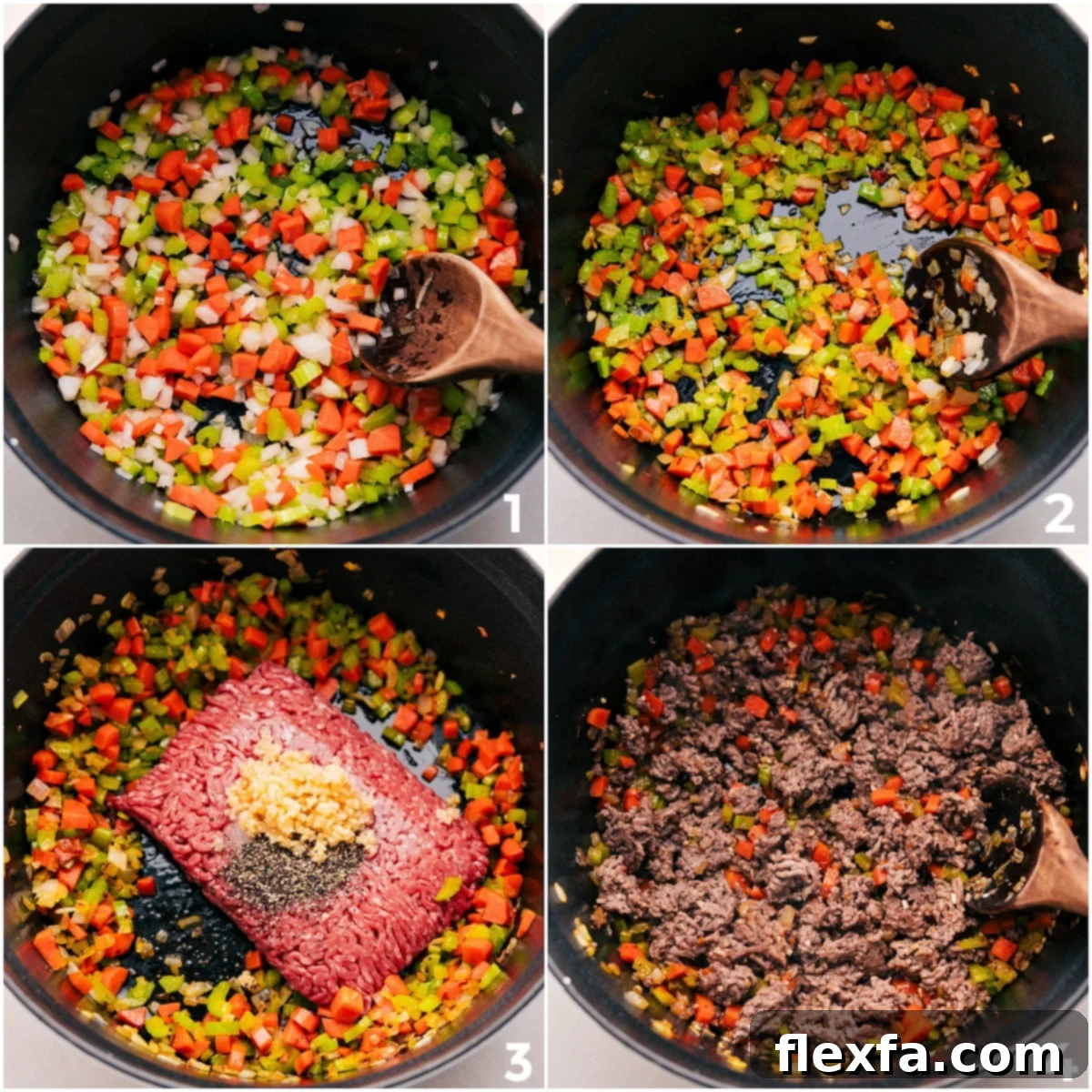 How To Make Pasta E Fagioli Recipe Step-by-step imagery showing the initial stages of Pasta e Fagioli preparation: first, sautéing the aromatic vegetables, followed by browning the ground beef with garlic and seasonings in a large pot.