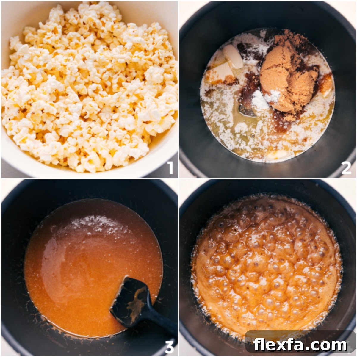 The process of making Cinnamon Roll Popcorn: Freshly popped corn in a large bowl and the caramel sauce ingredients (butter, sugar, corn syrup) boiling in a pot on the stovetop.