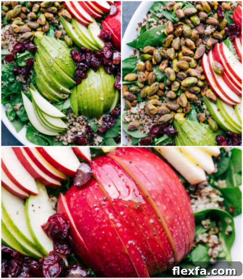 Freshly sliced pears and apples being gently mixed into a colorful cranberry apple quinoa salad, highlighting the vibrant ingredients.
