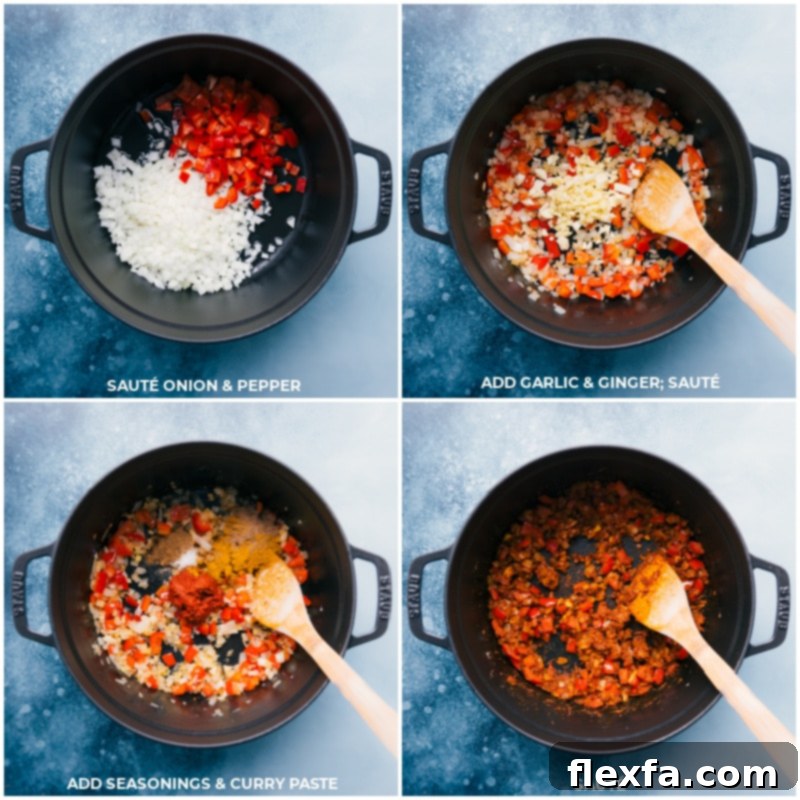 Process steps showing vibrant chopped vegetables like onions and red bell pepper being sautéed in a pot, followed by the addition of garlic, ginger, and aromatic curry spices.