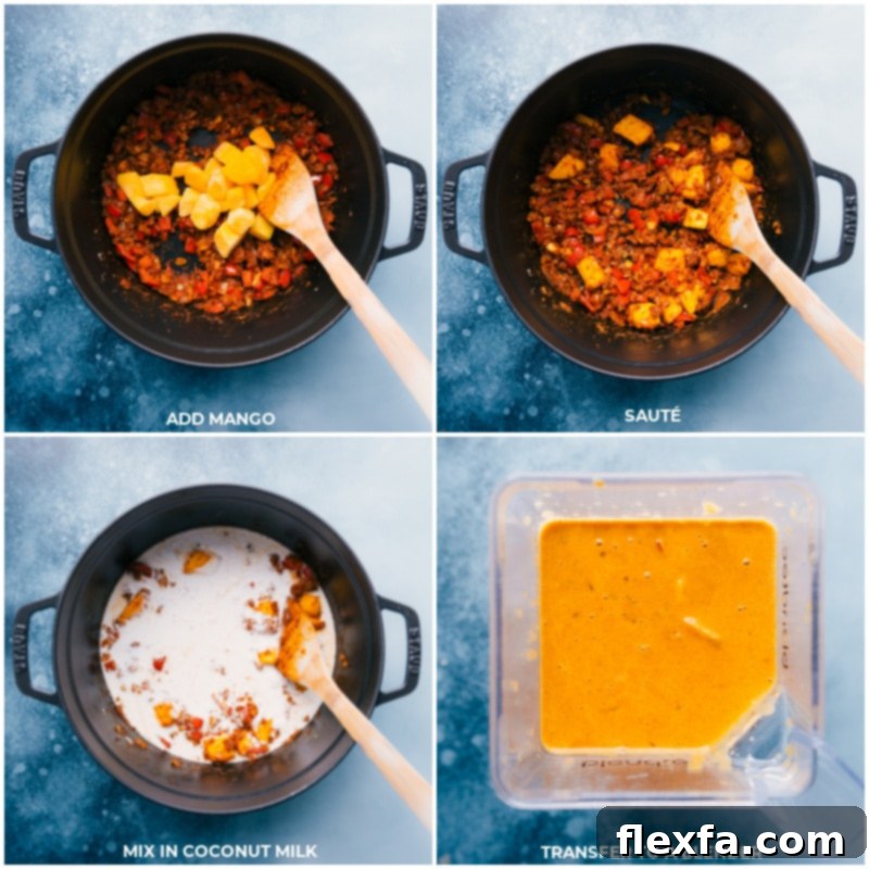 Process steps showing diced mango being added to sautéed vegetables, followed by pouring in creamy coconut milk. The mixture is then shown being transferred to a blender for smoothing.