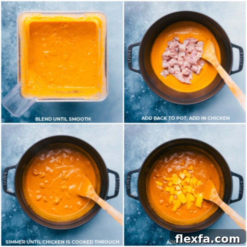 Process steps showing the smooth, blended curry sauce being returned to the pot, chicken pieces added and simmering, and finally, fresh mango chunks being stirred into the finished curry.