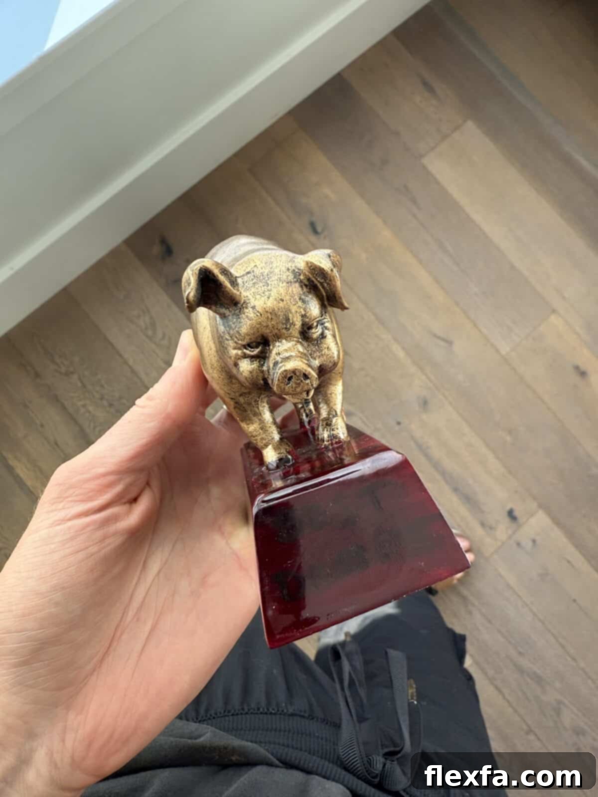 The bronzed pig trophy, symbol of the neighborhood cook-off championship