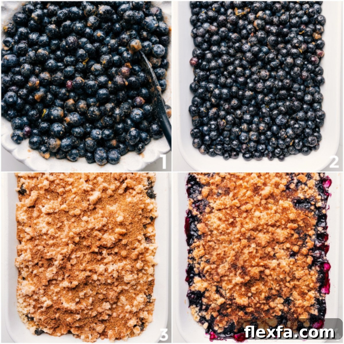A step-by-step visual guide: fresh blueberries are gently tossed in sugar and spices, then added to a baking pan, topped with a generous layer of crumbly streusel, and finally baked to golden perfection.