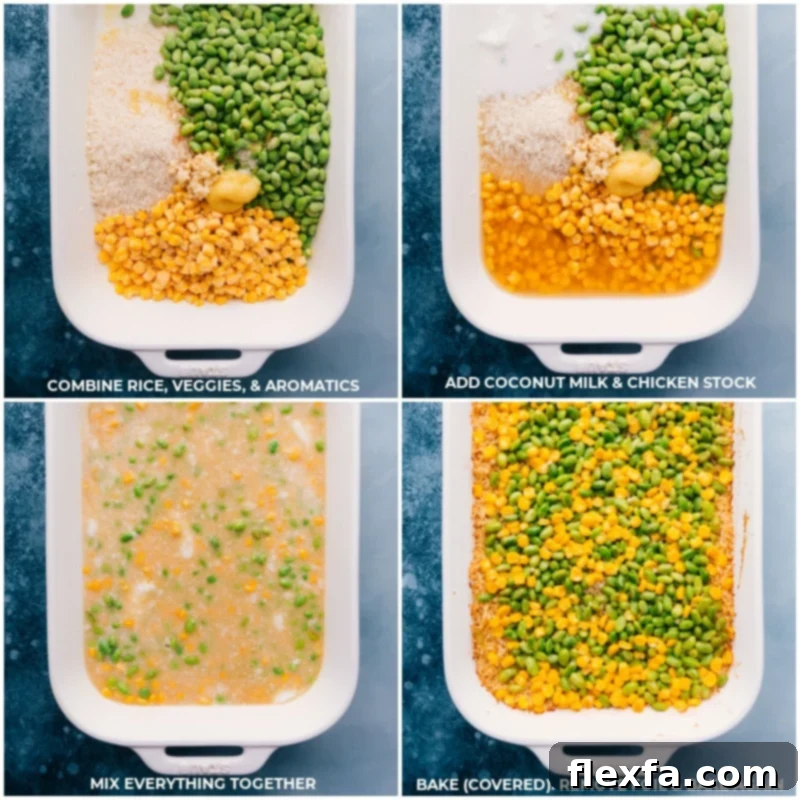 Simple, clear steps to effortlessly assemble and bake your delicious one-pan Coconut Chicken and Rice, ensuring a perfect meal every time. A four-step visual guide demonstrating the assembly and baking process of Coconut Chicken and Rice. The images illustrate combining rice, vegetables, and aromatics, adding coconut milk and chicken stock, mixing all ingredients, and finally, baking the dish both covered and uncovered for perfect results.