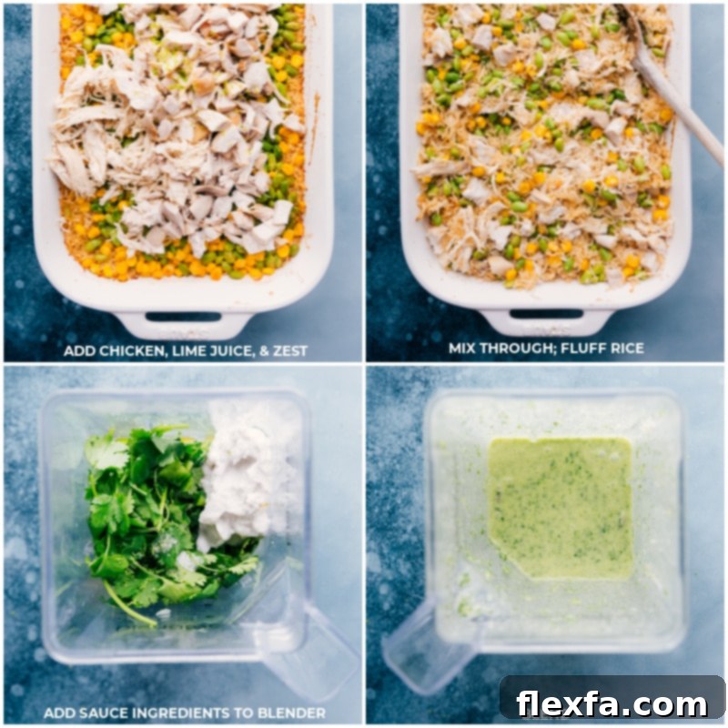 Detailed steps for completing the dish and expertly crafting the flavorful coconut-cilantro sauce that ties the meal together. A visual sequence detailing the final steps of preparing Coconut Chicken and Rice: adding the cooked chicken, lime juice, and zest to the fluffed rice, followed by blending the ingredients for the fresh and zesty coconut-cilantro sauce.
