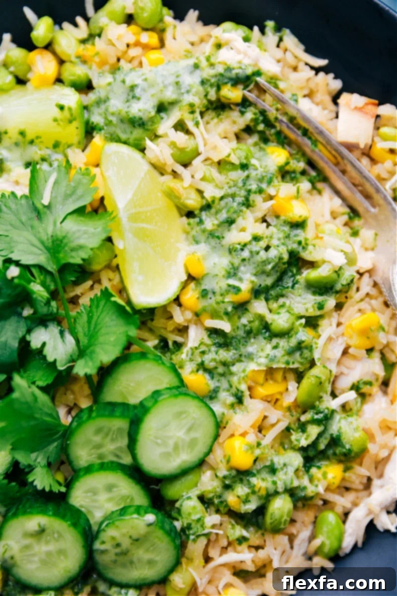 The exquisite and essential sauce for this delicious meal, providing a refreshing burst of flavor and a beautiful visual contrast. A detailed close-up of the Coconut Chicken and Rice dish, showcasing the vibrant and freshly made coconut-cilantro sauce generously drizzled on top of the fluffy rice and chicken.