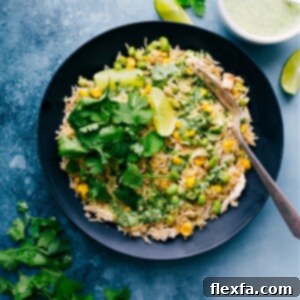 A close-up of a single serving of Creamy Coconut Chicken and Rice with a fork, emphasizing its appetizing appearance.