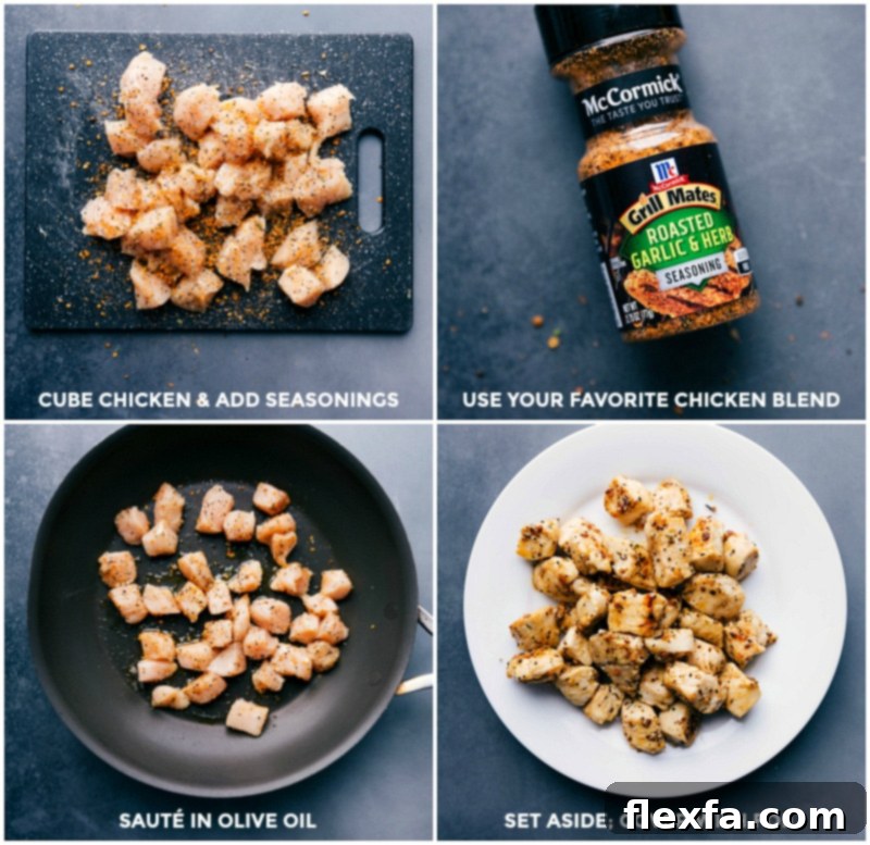 Diced chicken breasts being seasoned with salt, pepper, and a chicken grilling blend, then cooked in a nonstick pan until golden brown and thoroughly cooked.