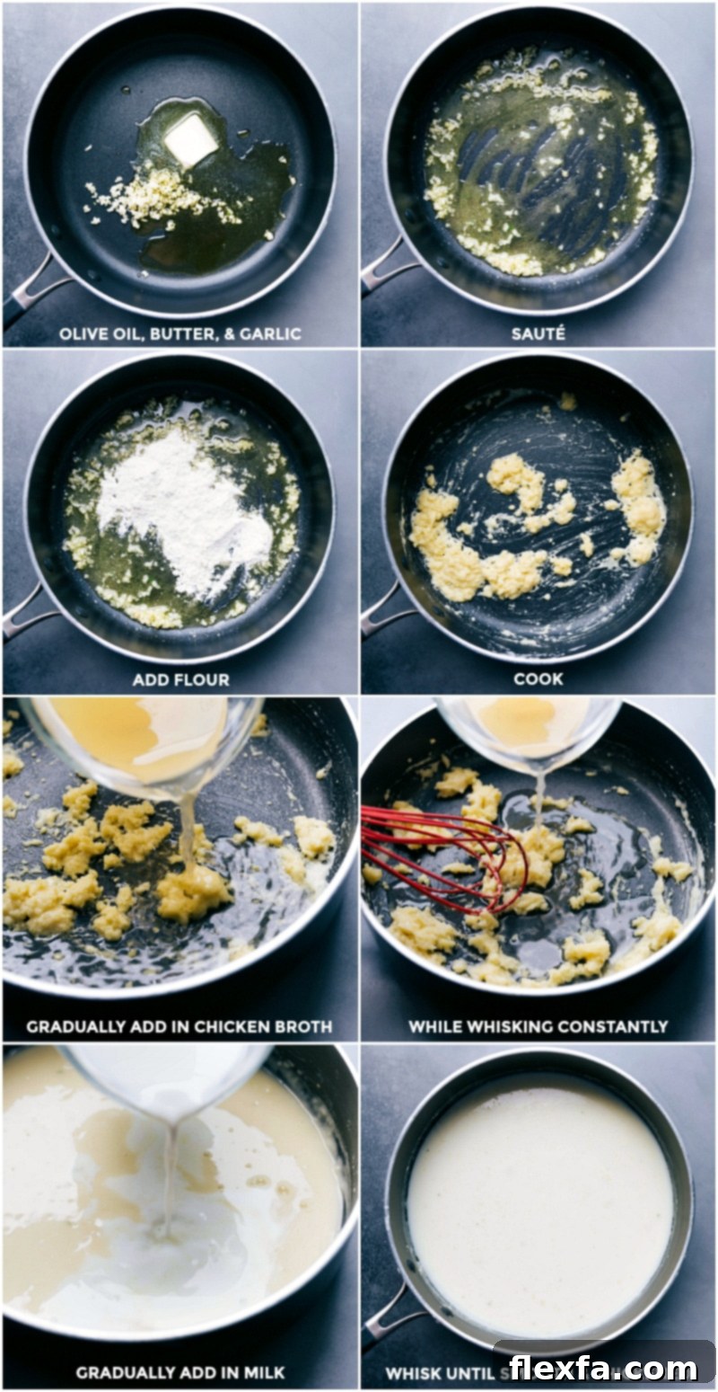 Step-by-step process of making the lightened alfredo sauce: heating olive oil, butter, and garlic; adding flour to create a roux; gradually whisking in chicken broth; then whisking in milk until thickened and smooth.