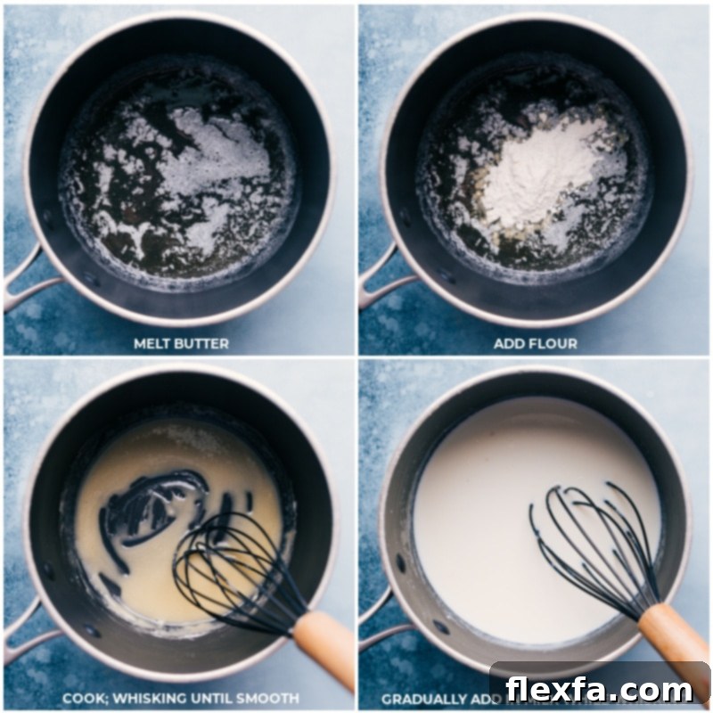 A close-up shot of a whisk combining melted butter and flour in a pot, with milk being slowly added to create a smooth, creamy roux for the pot pie filling.