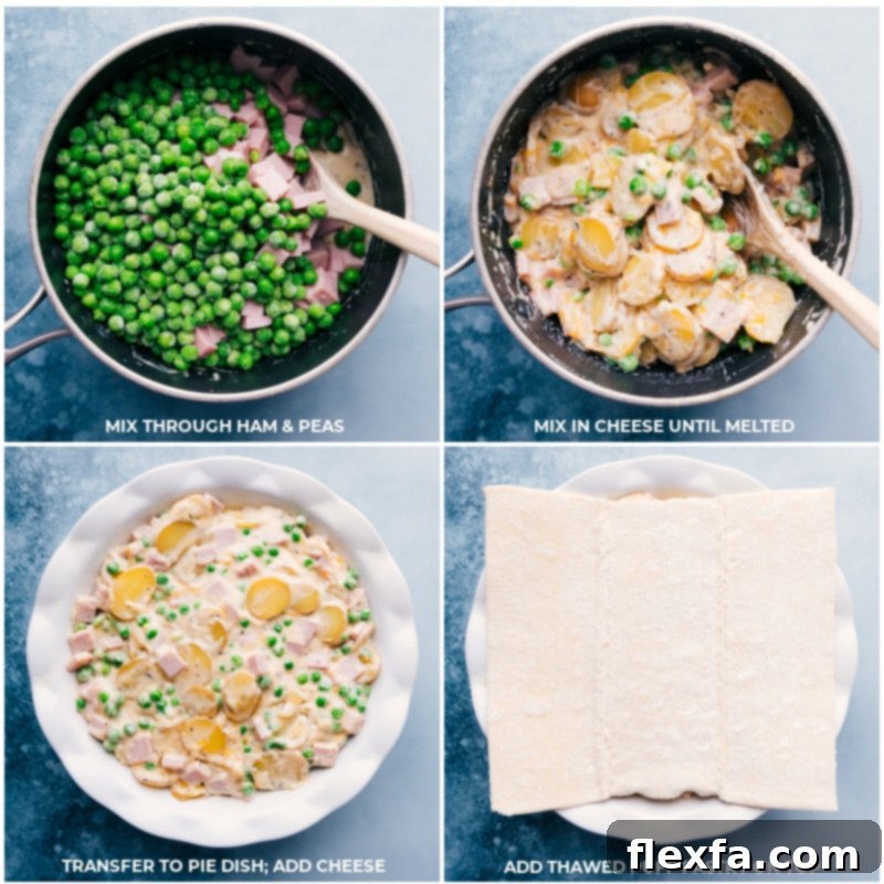 The final stages of assembling Ham and Potato Pot Pie: adding ham and peas to the creamy potato mixture, transferring to a pie dish, and topping with thawed puff pastry.