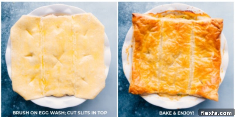 A visual progression of Ham and Potato Pot Pie, showing it before and after baking, with a perfectly golden-brown crust.