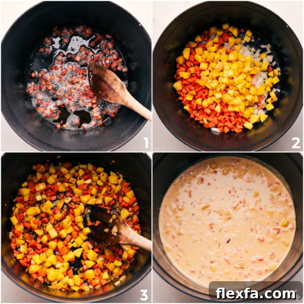 The step-by-step process of preparing the Corn Chowder Pot Pie filling: first, cooking the bacon until crisp, then removing it and sautéing the diced vegetables (onions, carrots, potatoes) in the flavorful bacon fat, followed by stirring in butter and flour to create a roux, and finally, pouring in milk and seasonings to thicken the creamy sauce.