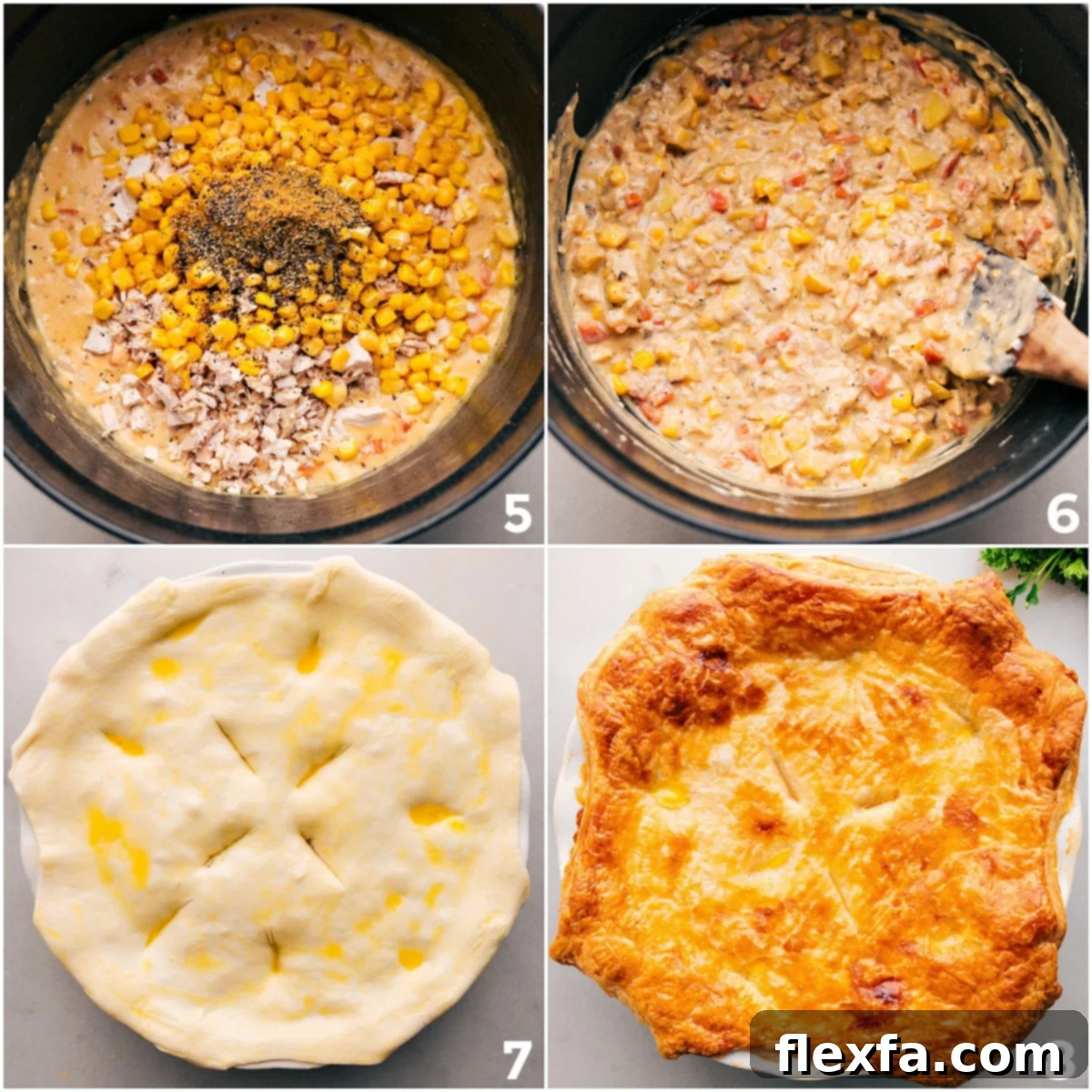 The final steps of assembling and baking the Corn Chowder Pot Pie: combining all the filling ingredients into a creamy mixture, pouring it into a pie dish, topping generously with the thawed puff pastry, brushing with an egg wash for a golden sheen, cutting vents for steam, and placing it into the oven.