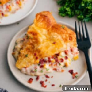 A beautifully baked Corn Chowder Pot Pie, golden brown and ready to serve.