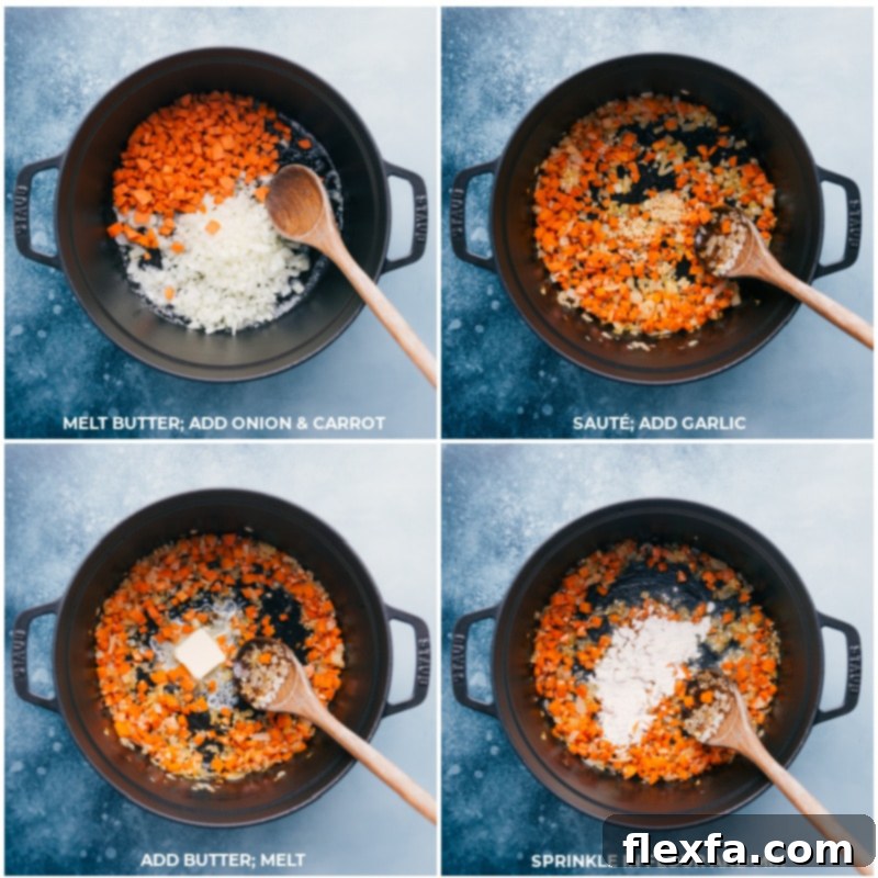Broccoli Cheddar Pot Pie filling process: sautéed veggies, butter, and flour for a creamy base. #dinner #quick #easy #simple #comfortfood #best #kidfriendly #familyfriendly #broccoli #cheddar #potpie Process shots showing vegetables being sautéed in a large pot, followed by butter and flour being mixed to create a roux.