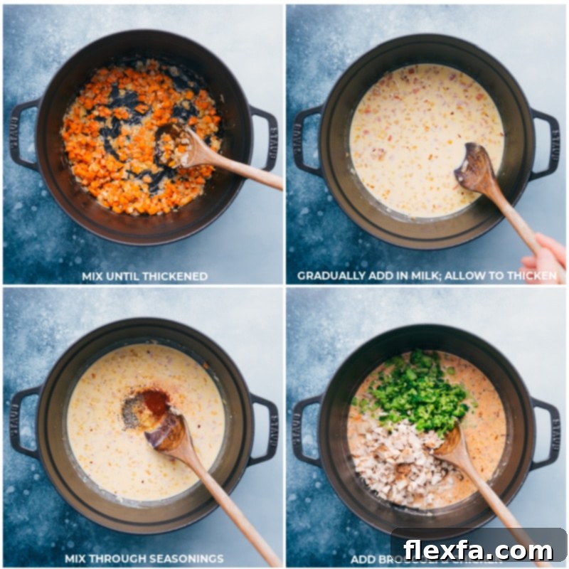 The best ever Broccoli Cheddar Pot Pie: creamy, cheesy filling with broccoli, chicken, and tender carrots. Recipe via ChelseasMessyApron #dinner #quick #easy #simple #comfortfood #best #kidfriendly #familyfriendly #broccoli #cheddar #potpie Process shots of the Broccoli Cheddar Pot Pie filling: milk, seasonings, frozen broccoli, and shredded chicken being stirred into the creamy base.
