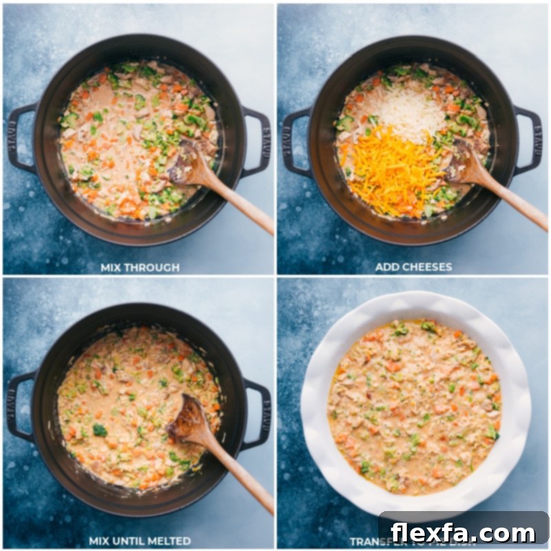 Broccoli Cheddar Pot Pie: cheesy filling ready for its buttery, flaky puff pastry crust and baked to perfection! #dinner #quick #easy #simple #comfortfood #best #kidfriendly #familyfriendly #broccoli #cheddar #potpie Process shots of the Broccoli Cheddar Pot Pie: shredded cheese being stirred into the filling, and then the entire mixture being transferred into a glass pie dish.